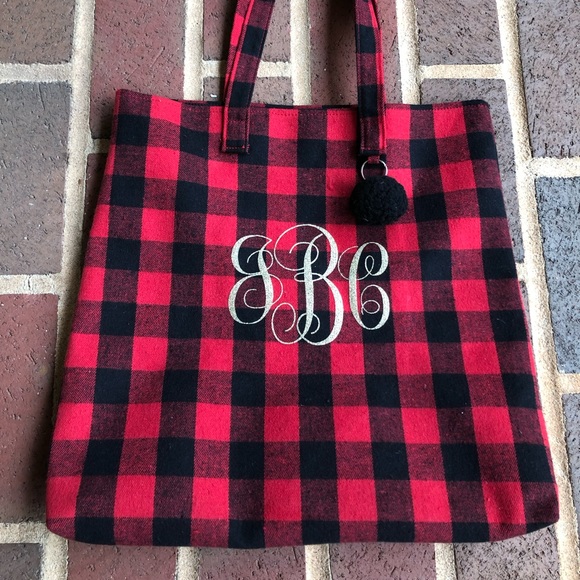 Monogram Red & black buffalo check purse, tote bag - Picture 3 of 8